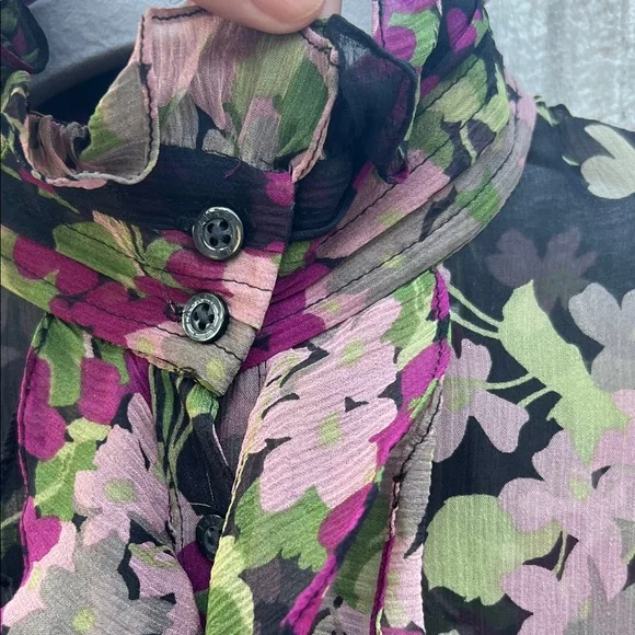 Ralph Lauren Black and Purple Floral Blouse 100% Silk Sheer - Picture 7 of 10